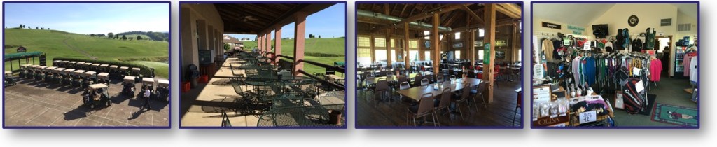 Carts lined up, outdoor seating, indoor and proshop